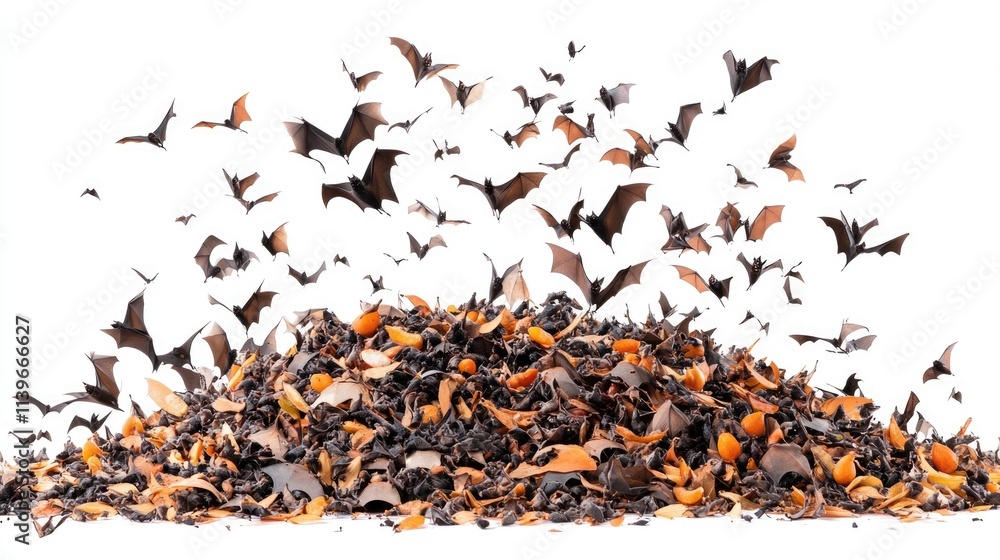 Dynamic Display of Fruit Bats: A Large Group of Flying Foxes in Motion Against a Clean White Background
