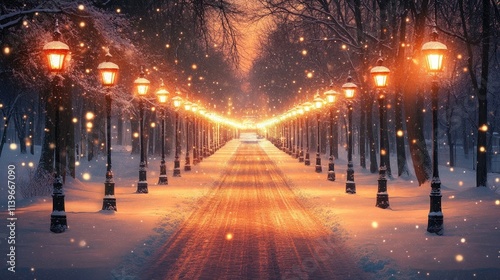 Path lined with snow-covered street lamps in a winter park