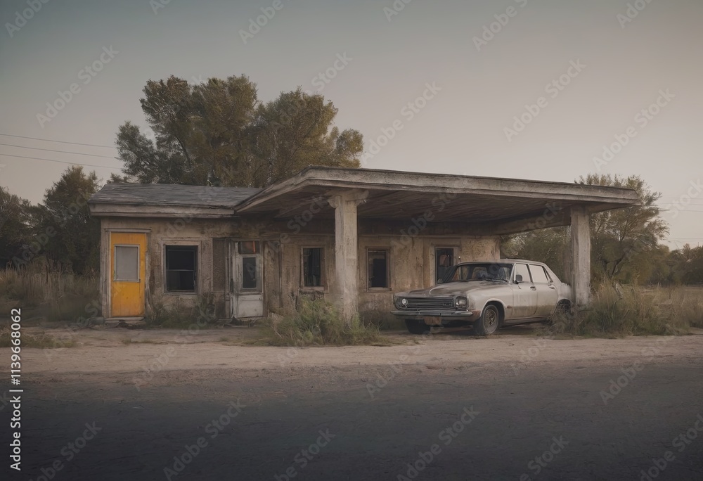 car at old gas station, realistic illustration car at old gas station, realistic illustration