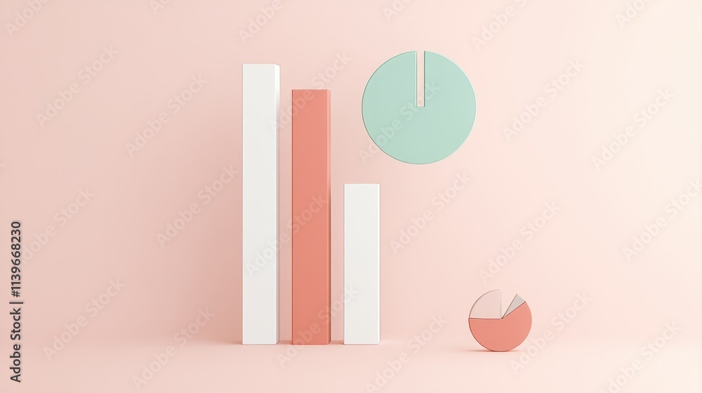 Minimalist bar and pie charts on pastel background Minimalist bar and pie charts on pastel background