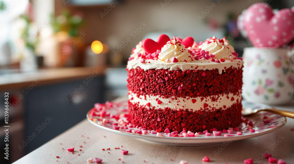 Red velvet cake with heart decorations on a decorative plate Red velvet cake with heart decorations on a decorative plate