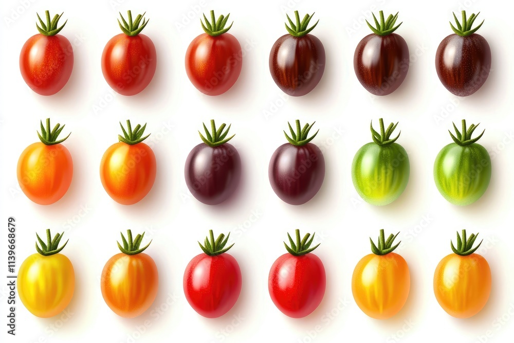 Variety of Fresh Cherry Tomatoes Displayed Isolated Against a Clean White Backdrop Variety of Fresh Cherry Tomatoes Displayed Isolated Against a Clean White Backdrop
