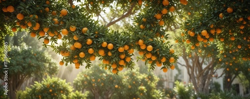 Colorful oranges hanging from branches of an orange tree in a lush garden , nature, tree
