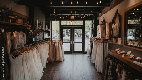 Boutique store with neutral color palettes and a minimal layout, showcasing exquisite handpicked dresses and sparkling jewelry on sleek displays. photo