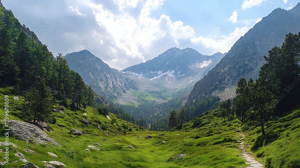 Fototapeta premium Alpine valley landscape. Scenic mountain view with lush greenery and peaks.