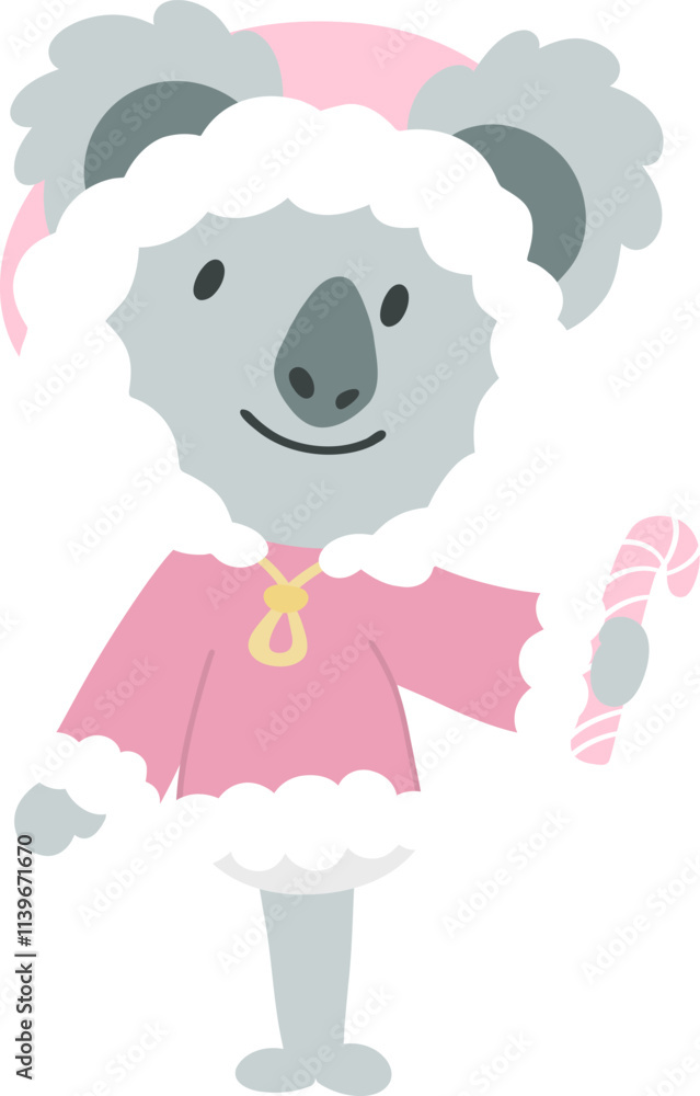 Fototapeta premium Little Koala wearing Winter Outfit Holding Candy Cane.Cartoon doodle