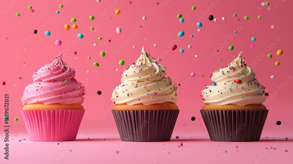 Three delicious cupcakes with colorful sprinkles on a pink background. Three delicious cupcakes with colorful sprinkles on a pink background.