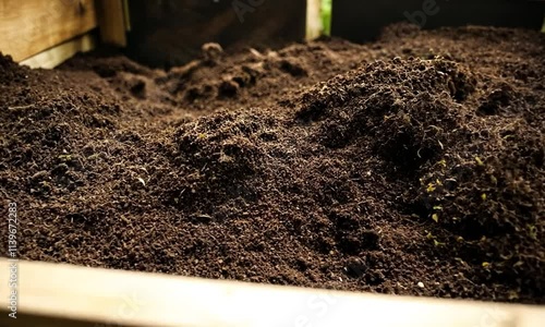 wooden compost bin in a home garden.