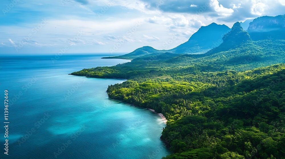 Tropical Coastline with Lush Green Mountains and Azure Ocean. Scenic Landscape. Tropical Coastline with Lush Green Mountains and Azure Ocean. Scenic Landscape.