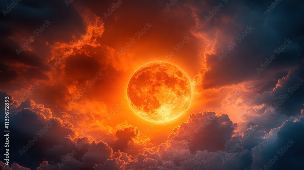 A glowing full moon surrounded by clouds, with ample room for greetings A glowing full moon surrounded by clouds, with ample room for greetings