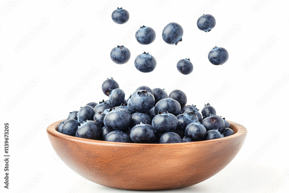 fresh blueberries in a wooden plate and berries falling into it on a white isolated background fresh blueberries in a wooden plate and berries falling into it on a white isolated background