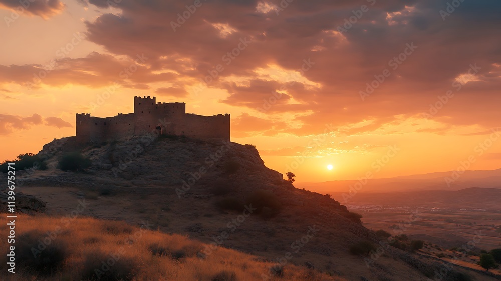 Fototapeta premium A castle perched on a hill at sunset, casting shadows over the landscape.