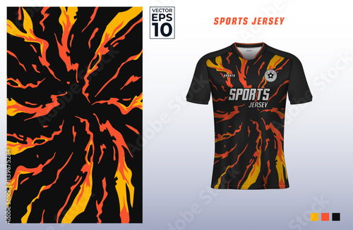 T-shirt sport jersey design template with fire flame pattern for gaming, e-sports, soccer, badminton, or volleyball. T shirt mockup for sport club. Vector Illustration