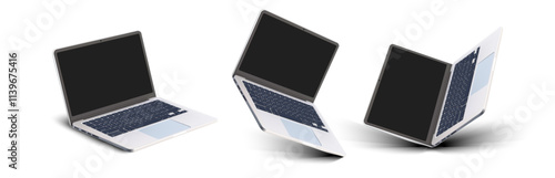 A digital image displays three silver laptops with dark screens and blue keyboards, shown at different angles on a white background, emphasizing their sleek design, build, and thin profile. Vector