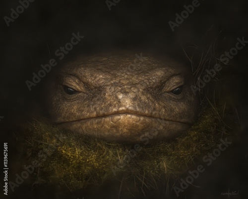 Close-up of a lizard's face peering from dark foliage.