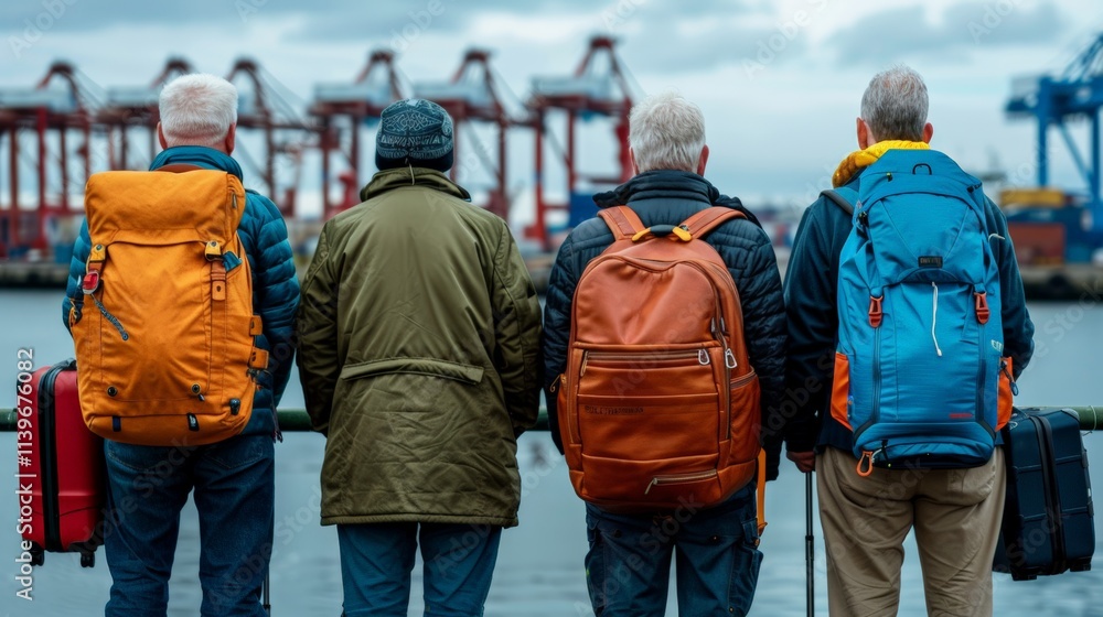 A group of people dressed warmly stand by the sea with colorful luggage, facing the water as a large cargo ship passes in the distance, symbolizing travel and anticipation. A group of people dressed warmly stand by the sea with colorful luggage, facing the water as a large cargo ship passes in the distance, symbolizing travel and anticipation.
