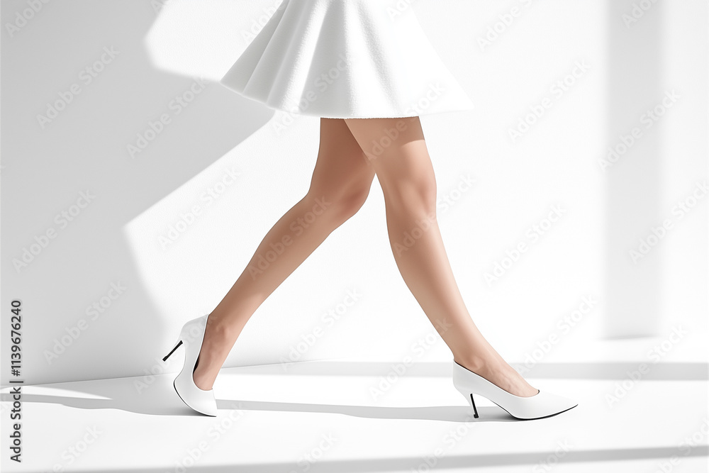 A stylish woman walking in white high heels, wearing a white skirt. The scene is bright and minimalistic, emphasizing the elegance of the footwear and the graceful movement. A stylish woman walking in white high heels, wearing a white skirt. The scene is bright and minimalistic, emphasizing the elegance of the footwear and the graceful movement.