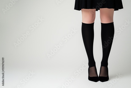 A pair of legs wearing black knee-high socks and high heels, standing against a light gray background. The skirt is black, adding a stylish touch to the outfit. photo