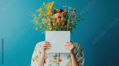 Woman hiding face behind blank paper with wildflowers.