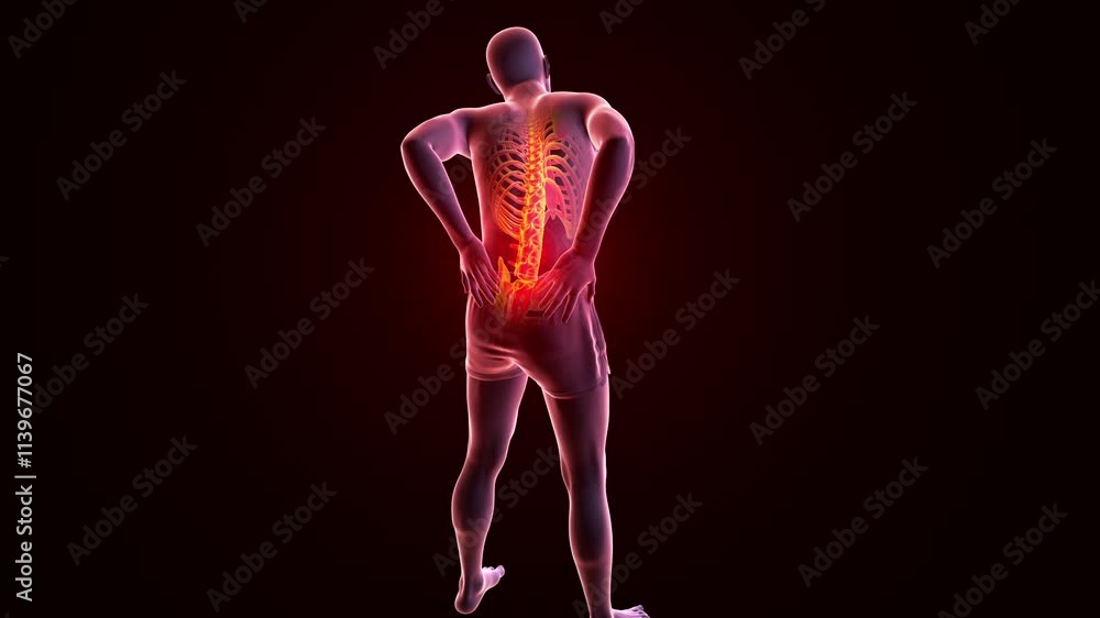 A man experiencing lower back pain with highlighted spine vertebrae ...