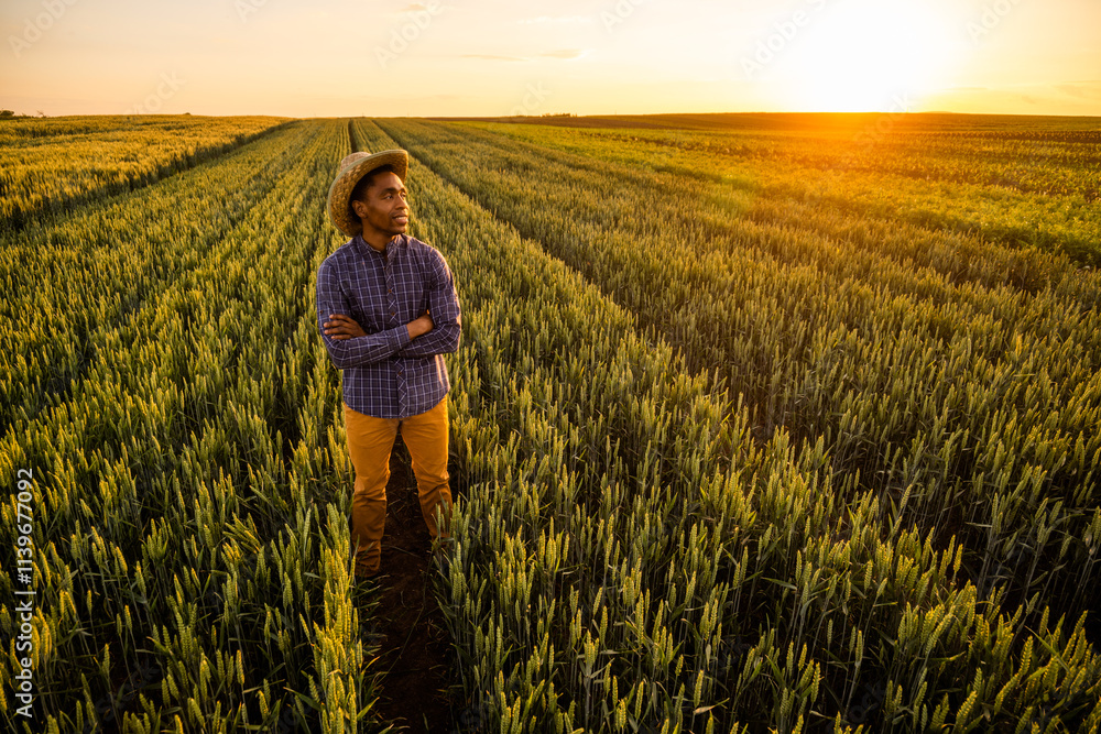 Fototapeta premium African farmer is standing in his growing wheat field. Successful farmer standing in agricultural field with arms crossed.
