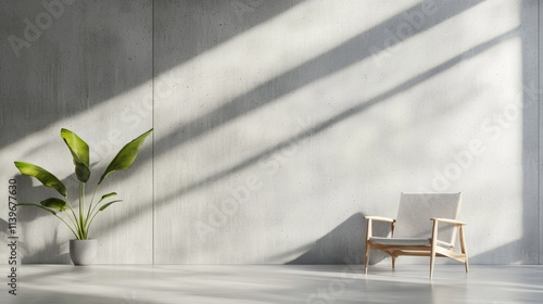 Modern interior design featuring a minimalist chair and a large indoor plant in a sunlit space