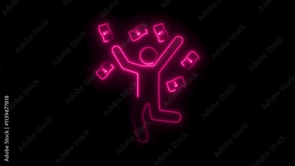Animated Neon Glowing Stick Figure Celebrating with Flying Money Bills Symbolizing Success, Wealth, Financial Freedom, and Happiness Animated Neon Glowing Stick Figure Celebrating with Flying Money Bills Symbolizing Success, Wealth, Financial Freedom, and Happiness