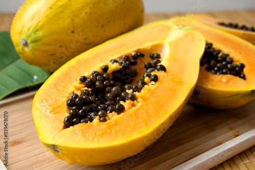 A vibrant yellow papaya sliced open to reveal its seeds on wooden background photo