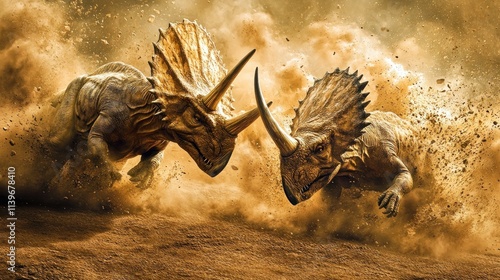 Fototapeta Naklejka Na Ścianę i Meble -  Two Triceratops dinosaurs clash in a dramatic dust storm.