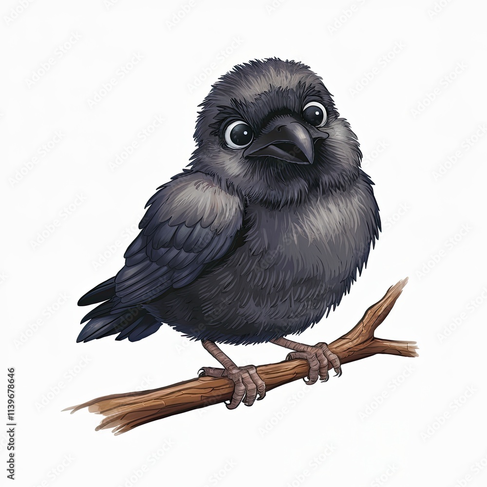 Fototapeta premium Joyful Illustration of a Small Crow on a Twig