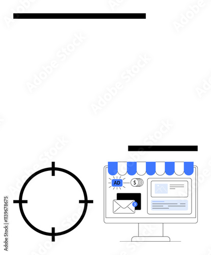 Target icon targeting a computer screen displaying ads, email, and search results. Ideal for digital marketing, online advertising, SEO, email campaigns, web analytics, e-commerce social media