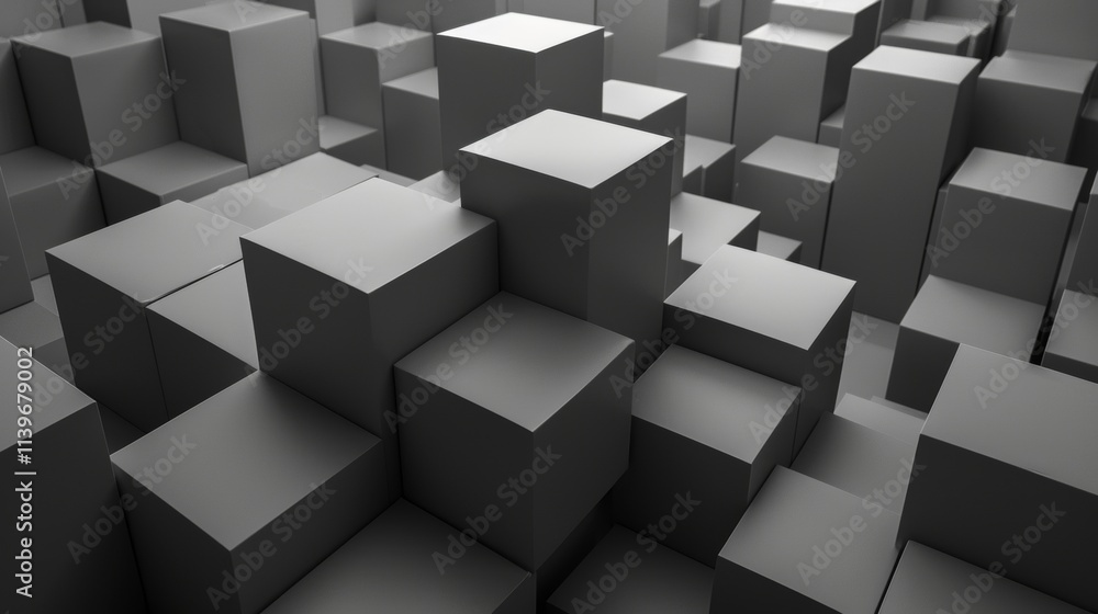 Abstract 3D rendering of grayscale cubes, varying in size and height, creating a textured, dynamic surface. Abstract 3D rendering of grayscale cubes, varying in size and height, creating a textured, dynamic surface.