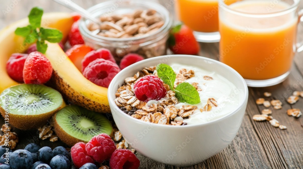 A vibrant breakfast spread featuring yogurt topped with granola and fresh fruits, alongside refreshing juice and a rustic wooden background. A vibrant breakfast spread featuring yogurt topped with granola and fresh fruits, alongside refreshing juice and a rustic wooden background.
