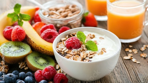 A vibrant breakfast spread featuring yogurt topped with granola and fresh fruits, alongside refreshing juice and a rustic wooden background.