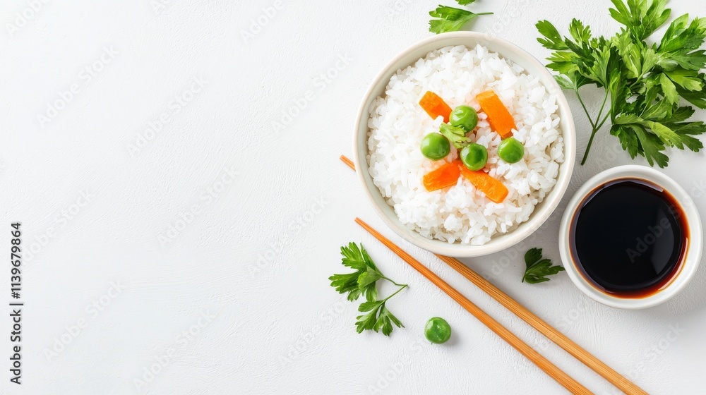 Healthy rice bowl with vegetables and soy sauce served with fresh herbs on a white surface Healthy rice bowl with vegetables and soy sauce served with fresh herbs on a white surface