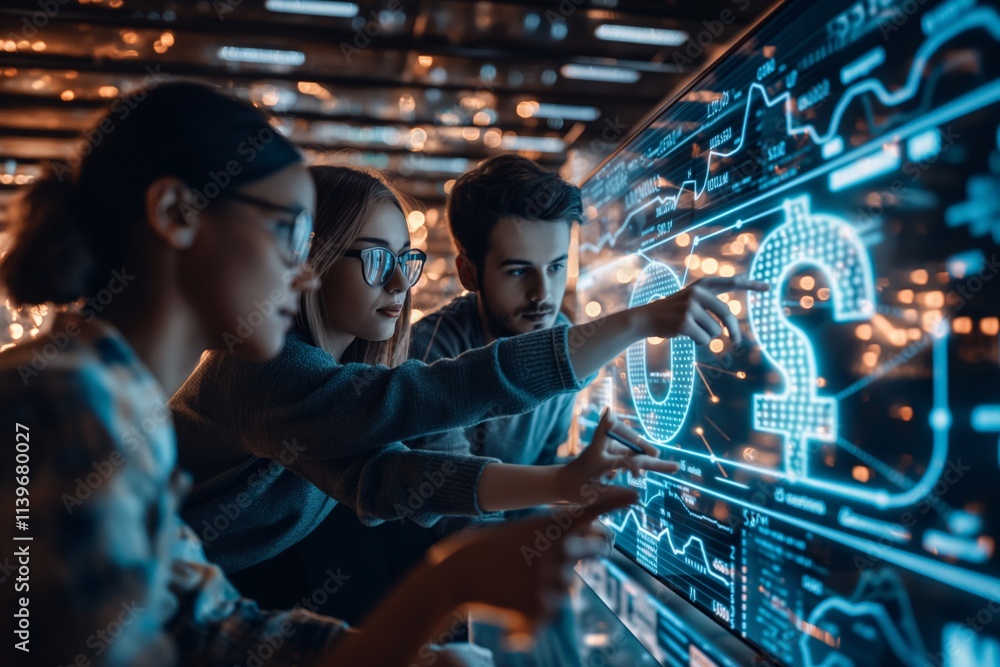 Fototapeta premium A group of focused young professionals in a dimly lit room analyze digital data displayed on large screens, symbolizing technology, teamwork, and modern analytics.