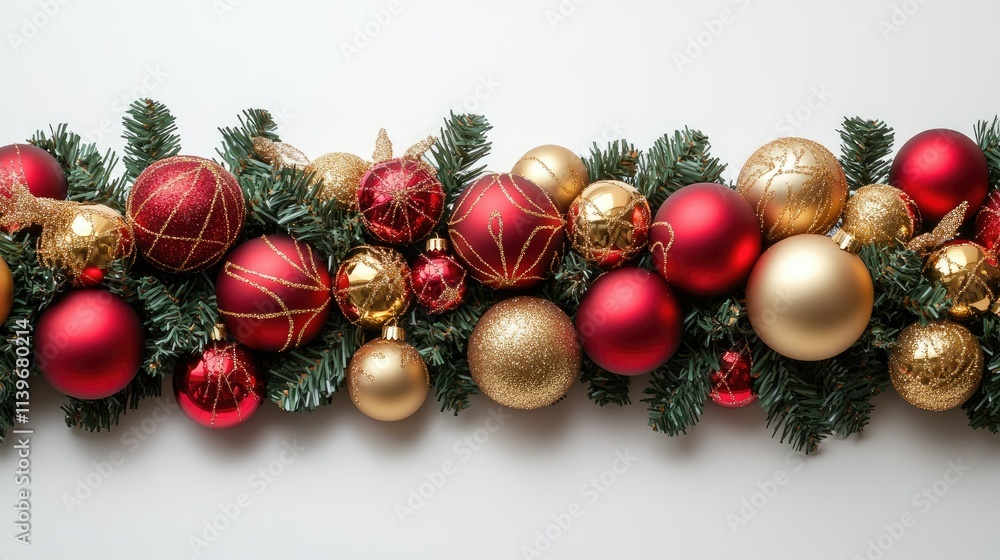 Festive Christmas garland with red and gold baubles and pine. Festive Christmas garland with red and gold baubles and pine.