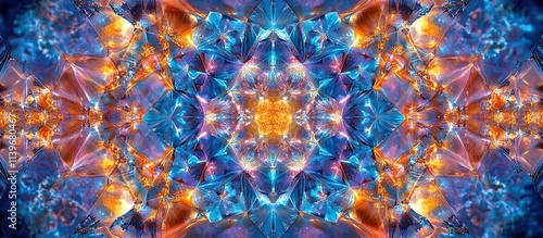 Abstract kaleidoscope pattern with blue, orange, and purple crystals.