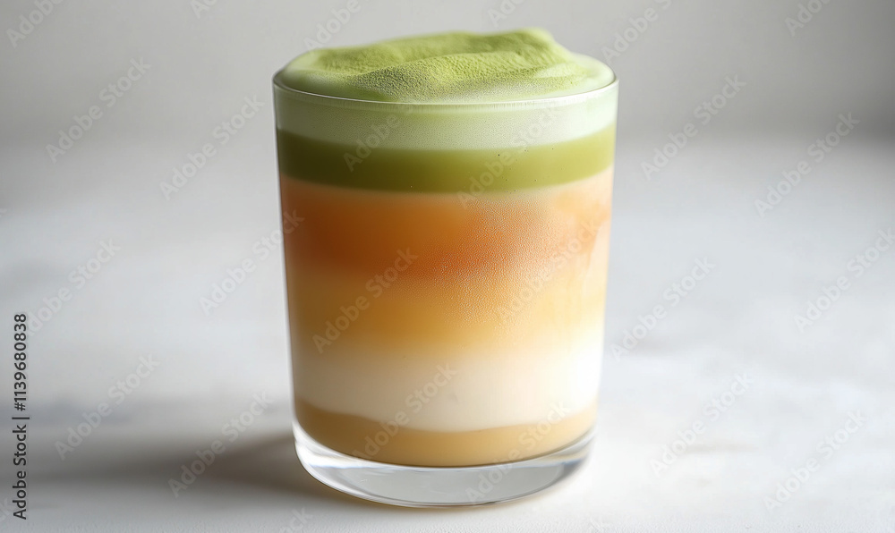 Iced Matcha Latte with Cream in Clear Glass on White Background Iced Matcha Latte with Cream in Clear Glass on White Background