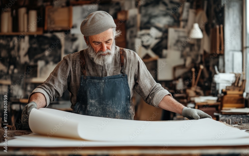 A seasoned craftsman meticulously examines a large sheet of paper, his focused expression revealing years of experience and dedication to his craft. The workshop background adds to the atmosphere. A seasoned craftsman meticulously examines a large sheet of paper, his focused expression revealing years of experience and dedication to his craft. The workshop background adds to the atmosphere.