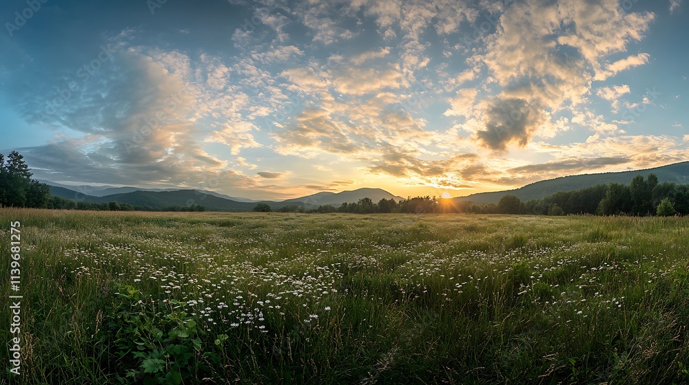 Obraz premium Golden Hour Meadow Sunset: Serene Landscape Photography. AI Generated
