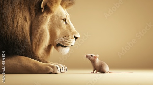 Lion and mouse facing each other	 photo