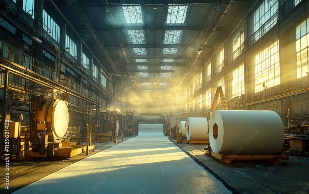 Vast paper mill, sunlit interior; giant paper rolls gleam; industrial production in action. Sunlight streams through high windows. Vast paper mill, sunlit interior; giant paper rolls gleam; industrial production in action. Sunlight streams through high windows.