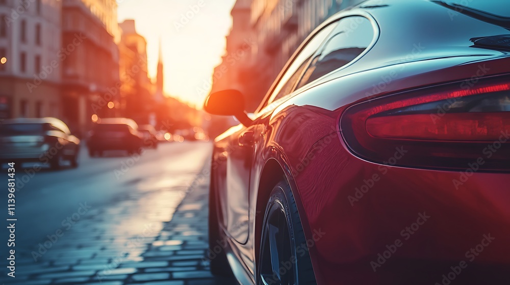 Red sports car parked on city street at sunset. Concept of urban lifestyle, transportation, and modern vehicle. Red sports car parked on city street at sunset. Concept of urban lifestyle, transportation, and modern vehicle.