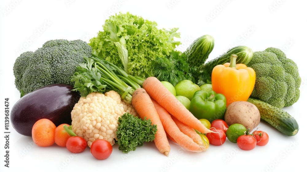 Fresh assortment of vegetables displayed on a white background showcasing their colors and textures Fresh assortment of vegetables displayed on a white background showcasing their colors and textures
