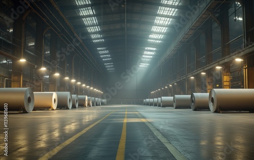 Vast paper mill interior: Rows of giant paper rolls stand in a dimly lit warehouse, creating an industrial, almost cinematic atmosphere.