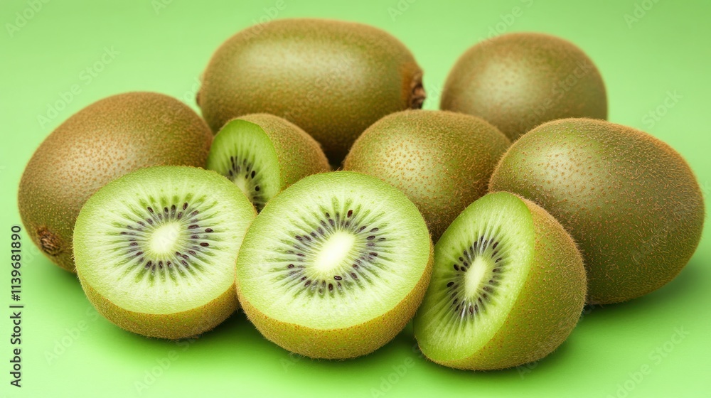 Fototapeta premium Fresh kiwi fruits, whole and sliced, on a vibrant green background.