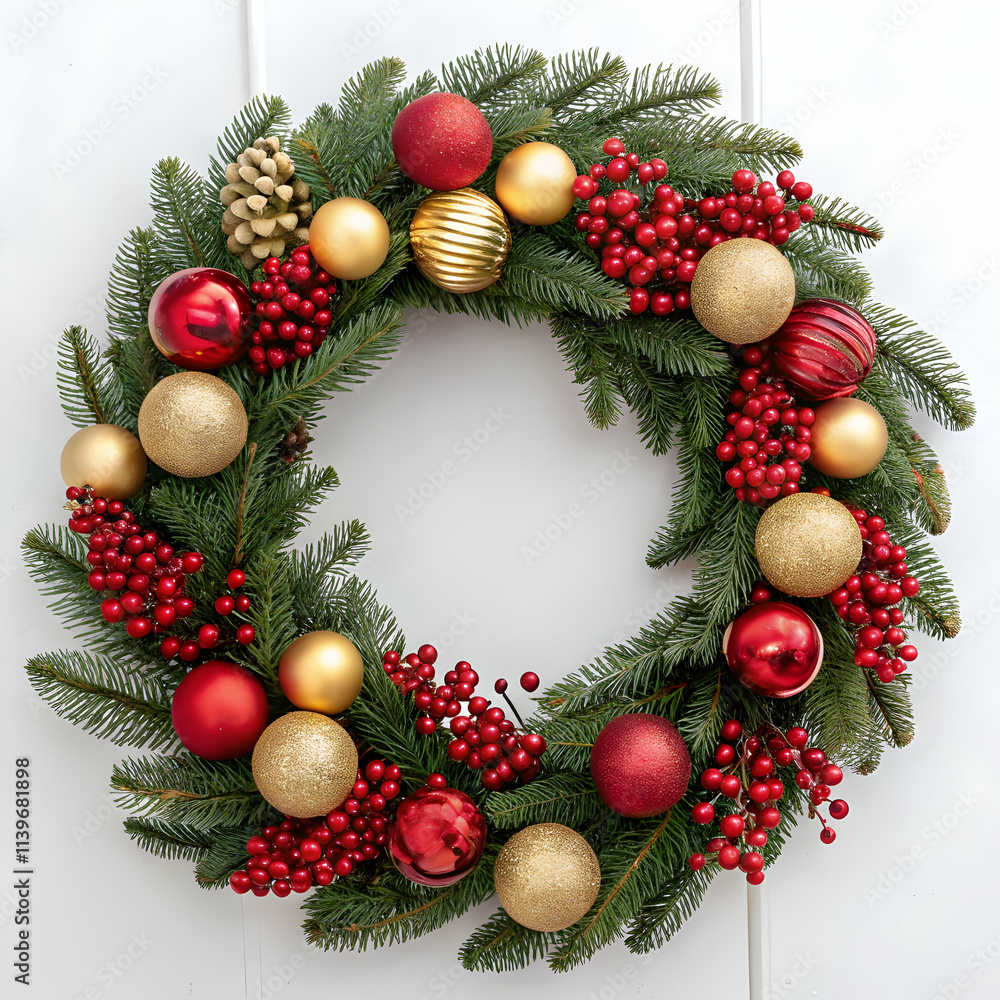 Christmas wreath with pinecones, red berries, and golden ornaments on a white background Christmas wreath with pinecones, red berries, and golden ornaments on a white background