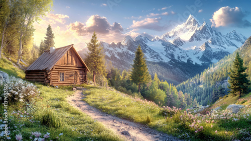 Wooden cabin nestled in a lush green meadow at sunrise with majestic snow-capped mountains in the background photo