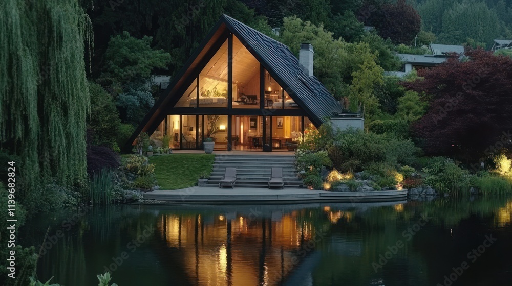 Fototapeta premium Modern A-Frame Lakeside Home Reflecting on Calm Waters at Sunset